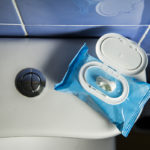 Wet toilet wipes in a bathroom. These toilet wipes are creating problems at water purifying plants.